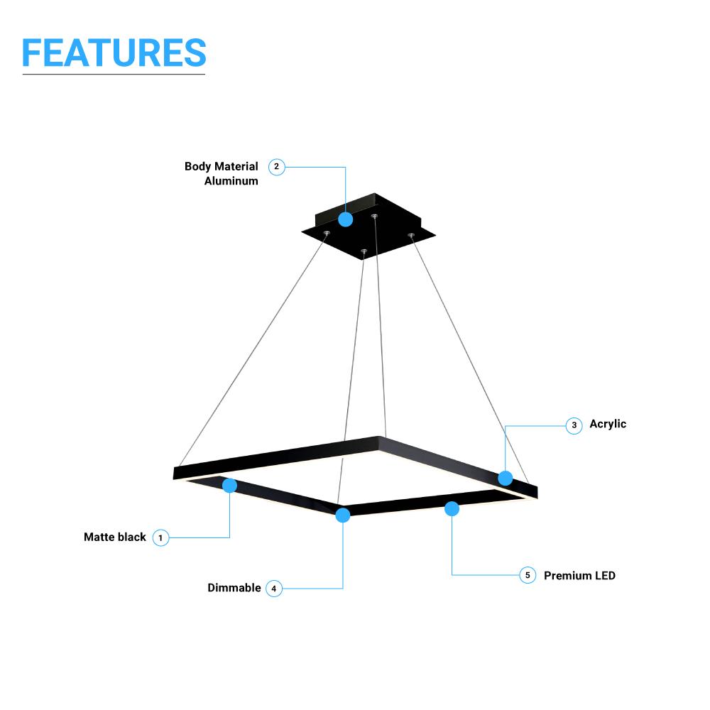 Modern 1 - Square Chandelier Lighting, 40W, 3000K,1917LM, Dimmable, Dimension : 19.7'L'×19.7'W'×55''H - LEDMyPlace