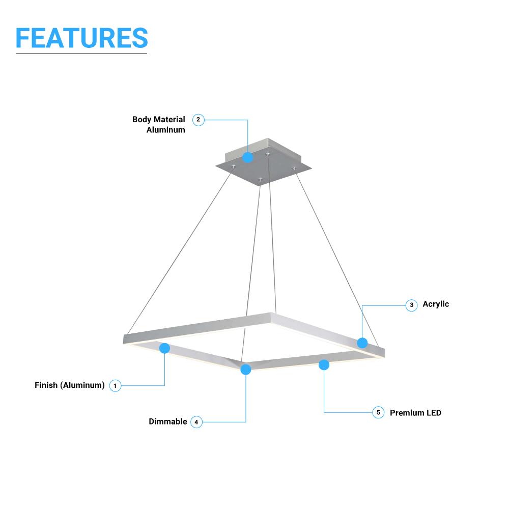 Modern 1 - Square Chandelier Lighting, 40W, 3000K,1917LM, Dimmable, Dimension : 19.7'L'×19.7'W'×55''H - LEDMyPlace