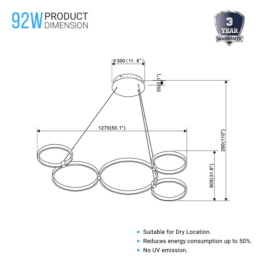 Modern Circular Chandelier, 5 - Light, 92W, 3000K (Warm White), 3677 Lumens, Wheel Chandelier, Dimension: 50.1''x31.6''x110'' - LEDMyPlace