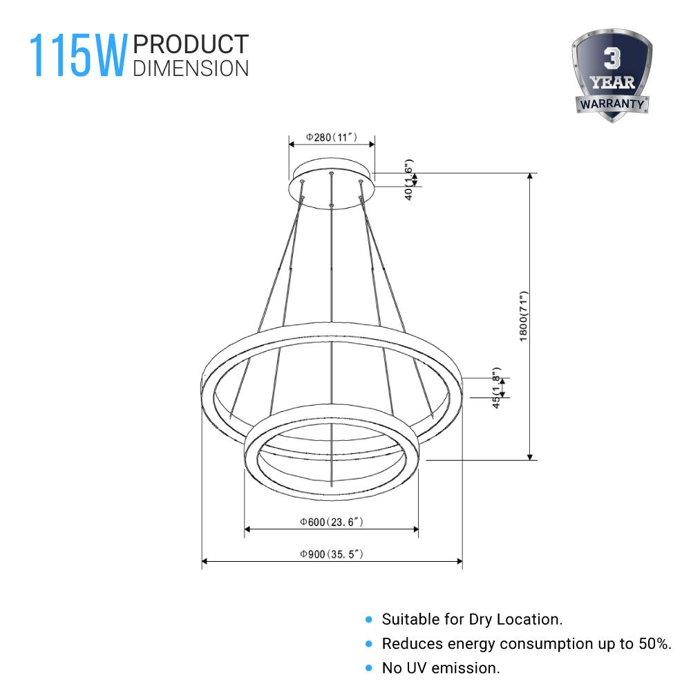 Modern - Double Ring Chandelier With Unique Shade, 115W, 3000K, 5750LM, Dimmable, Pendant Mounting, Aluminum Body Finish - LEDMyPlace