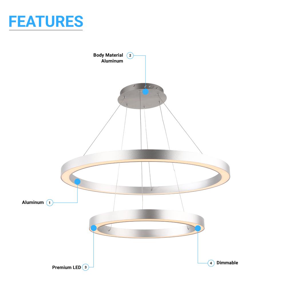 Modern - Double Ring Chandelier With Unique Shade, 115W, 3000K, 5750LM, Dimmable, Pendant Mounting, Aluminum Body Finish - LEDMyPlace