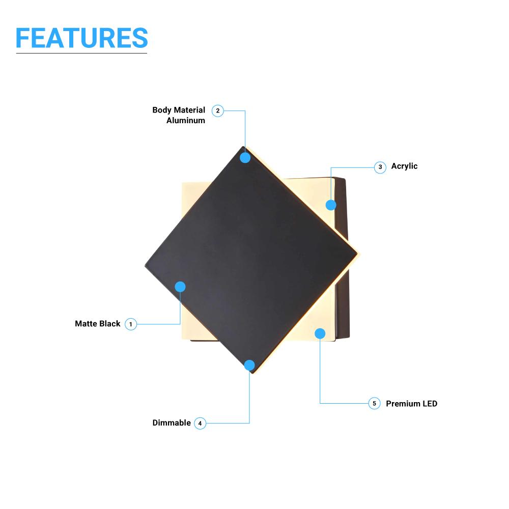 Modern Square LED Wall Sconce, 9W, 3000K, 338LM, CRI: 80+, Dimmable, Dimension: 6.7 x 2.1 x 6.7 Inch - LEDMyPlace