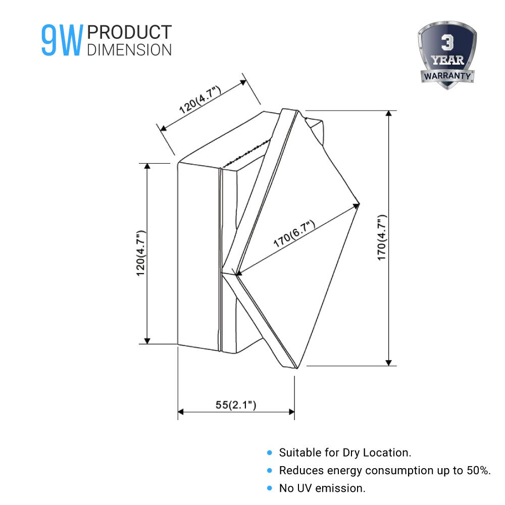 Modern Square LED Wall Sconce, 9W, 3000K, 338LM, CRI: 80+, Dimmable, Dimension: 6.7 x 2.1 x 6.7 Inch - LEDMyPlace