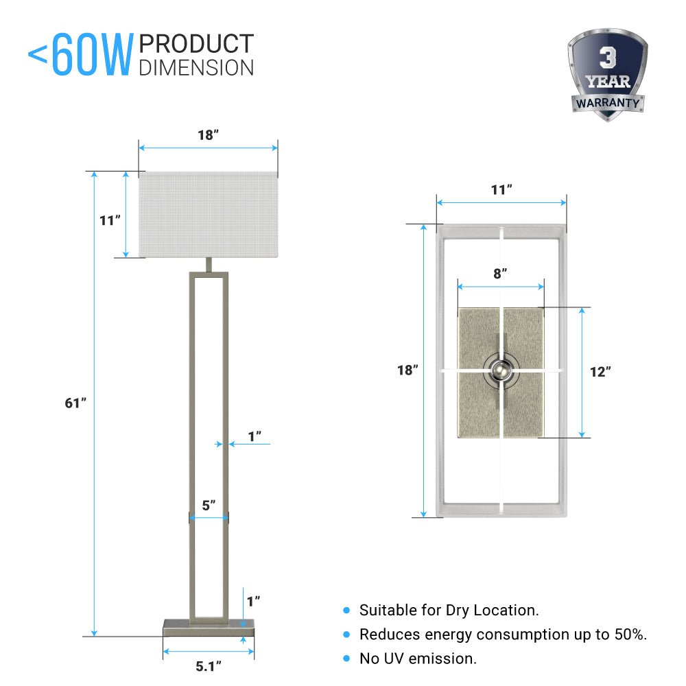 Modern Standing Floor Lamps for Living Room 61 - inch Brushed Nickel & Straight Rectangular Pure White Linen Shade, With 1PCS ON - OFF Switch, Corner Floor Lamp - LEDMyPlace