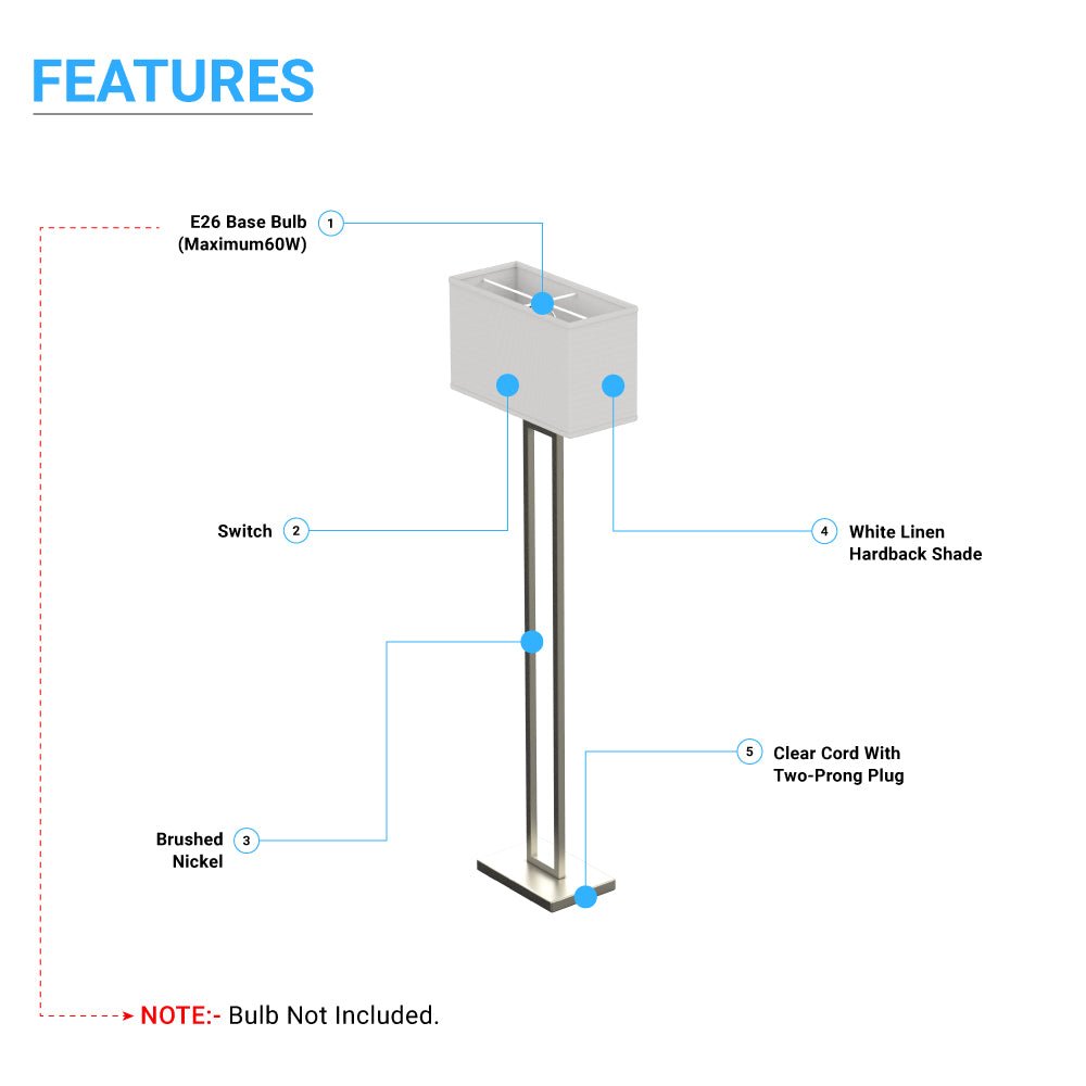 Modern Standing Floor Lamps for Living Room 61 - inch Brushed Nickel & Straight Rectangular Pure White Linen Shade, With 1PCS ON - OFF Switch, Corner Floor Lamp - LEDMyPlace