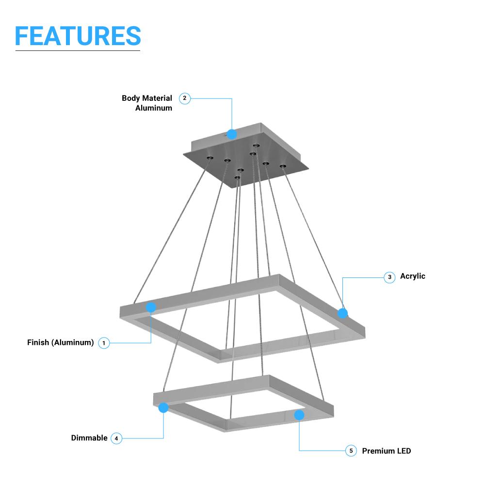 Modern Two - Tier Square Chandelier Lighting, 54W, 3000K, 3016LM, Dimension : 19.7''L×19.7''W×55''H - LEDMyPlace