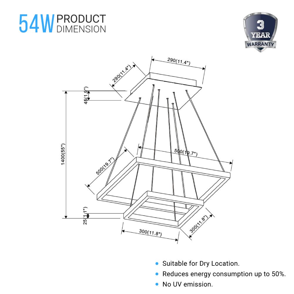 Modern Two - Tier Square Chandelier Lighting, 54W, 3000K, 3016LM, Dimension : 19.7''L×19.7''W×55''H - LEDMyPlace