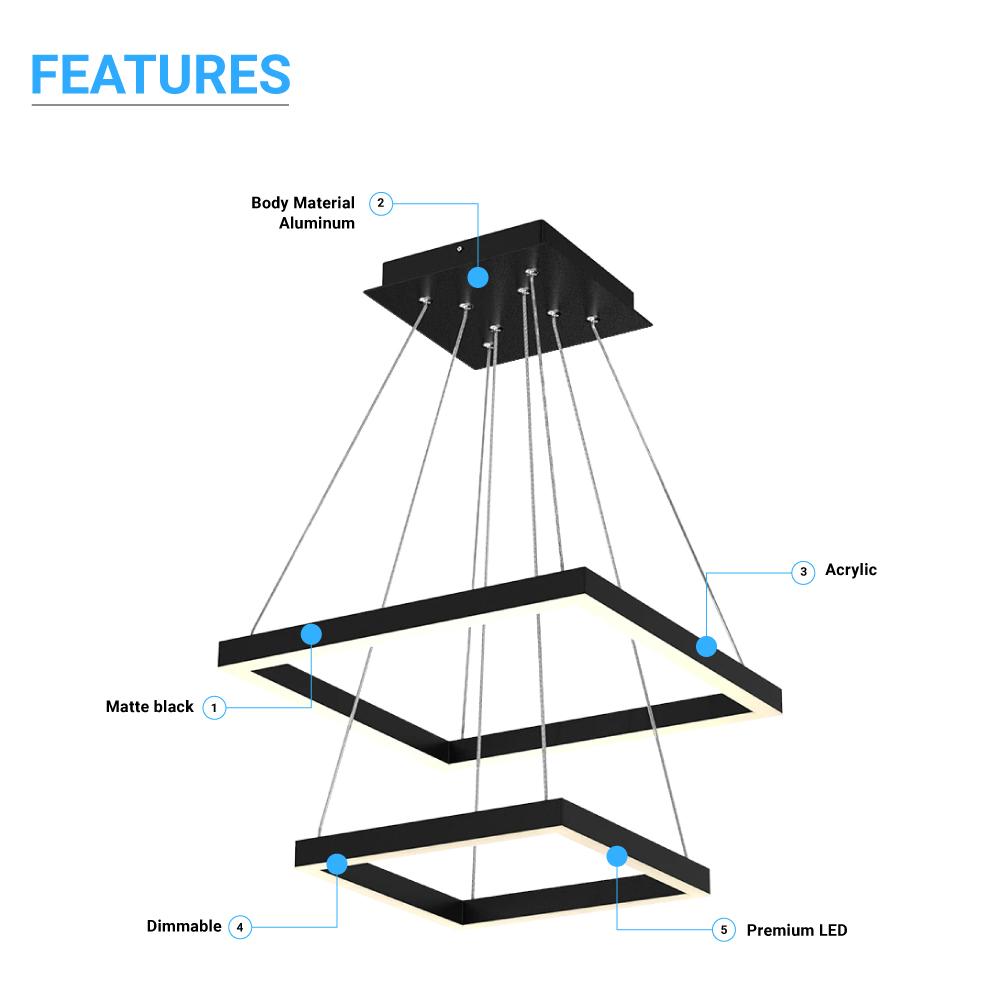 Modern Two - Tier Square Chandelier Lighting, 54W, 3000K, 3016LM, Dimension : 19.7''L×19.7''W×55''H - LEDMyPlace