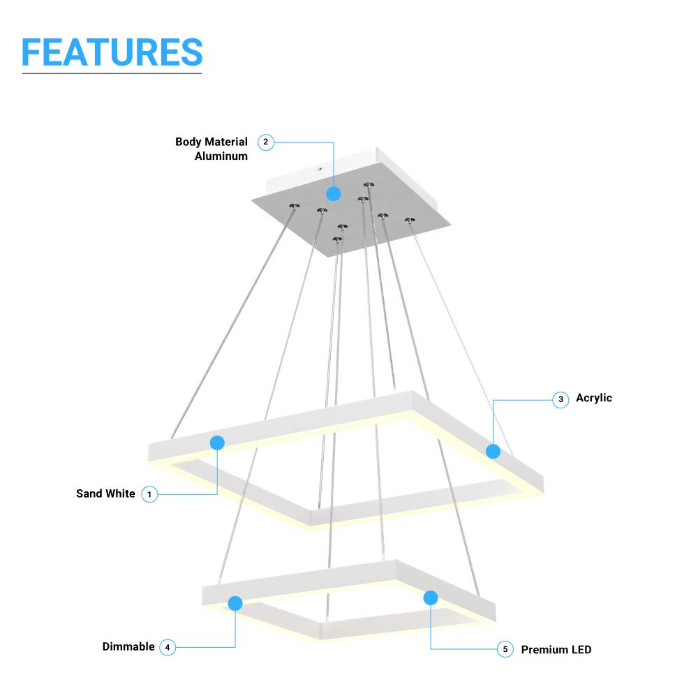 Modern Two - Tier Square Chandelier Lighting, 54W, 3000K, 3016LM, Dimension : 19.7''L×19.7''W×55''H - LEDMyPlace