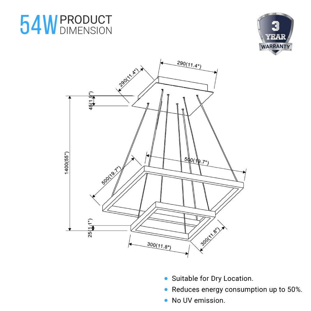 Modern Two - Tier Square Chandelier Lighting, 54W, 3000K, 3016LM, Dimension : 19.7''L×19.7''W×55''H - LEDMyPlace