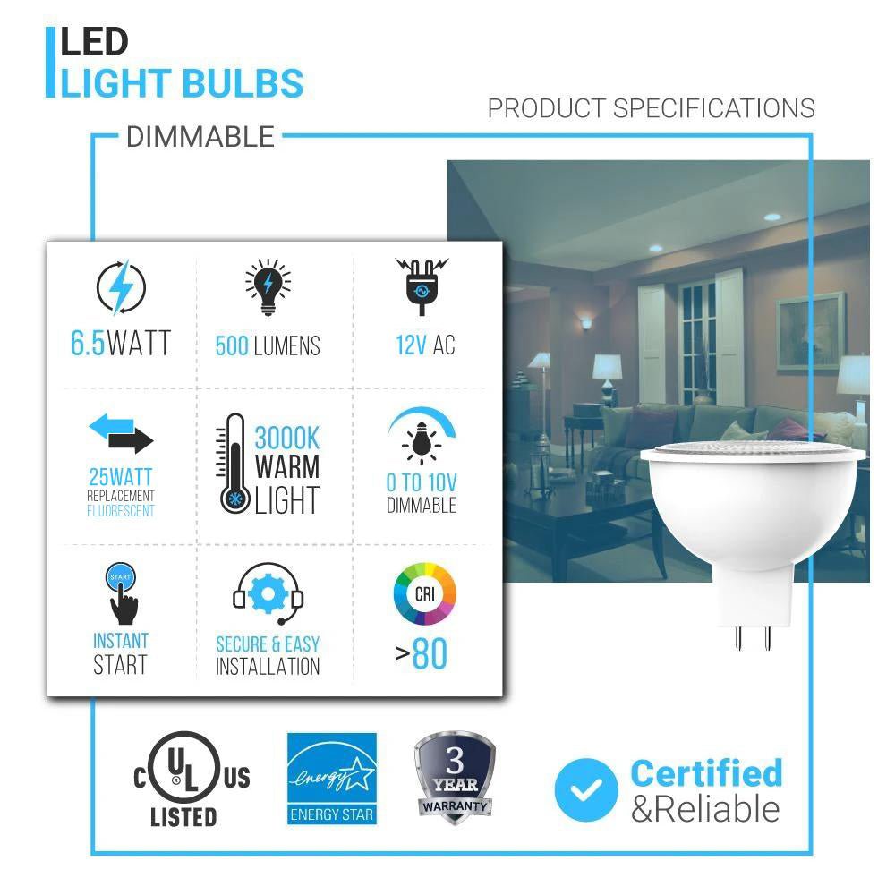 MR16 LED Light Bulbs 6.5W 3000K 500 Lumens Dimmable 120V Damp Location Spotlight Light Bulb - LEDMyPlace