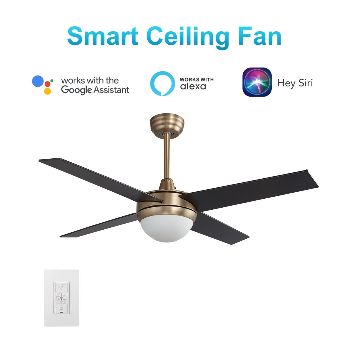 Neva 52 Inch 4 - Blade Best Smart Ceiling Fan With Led Light Kit & Best Smart Wall Switch - Gold/Black - LEDMyPlace