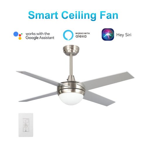 NEVA 52 inch 4 - Blade Best Smart Ceiling Fan with LED Light Kit & Best Smart Wall Switch - Silver/Chrome - LEDMyPlace