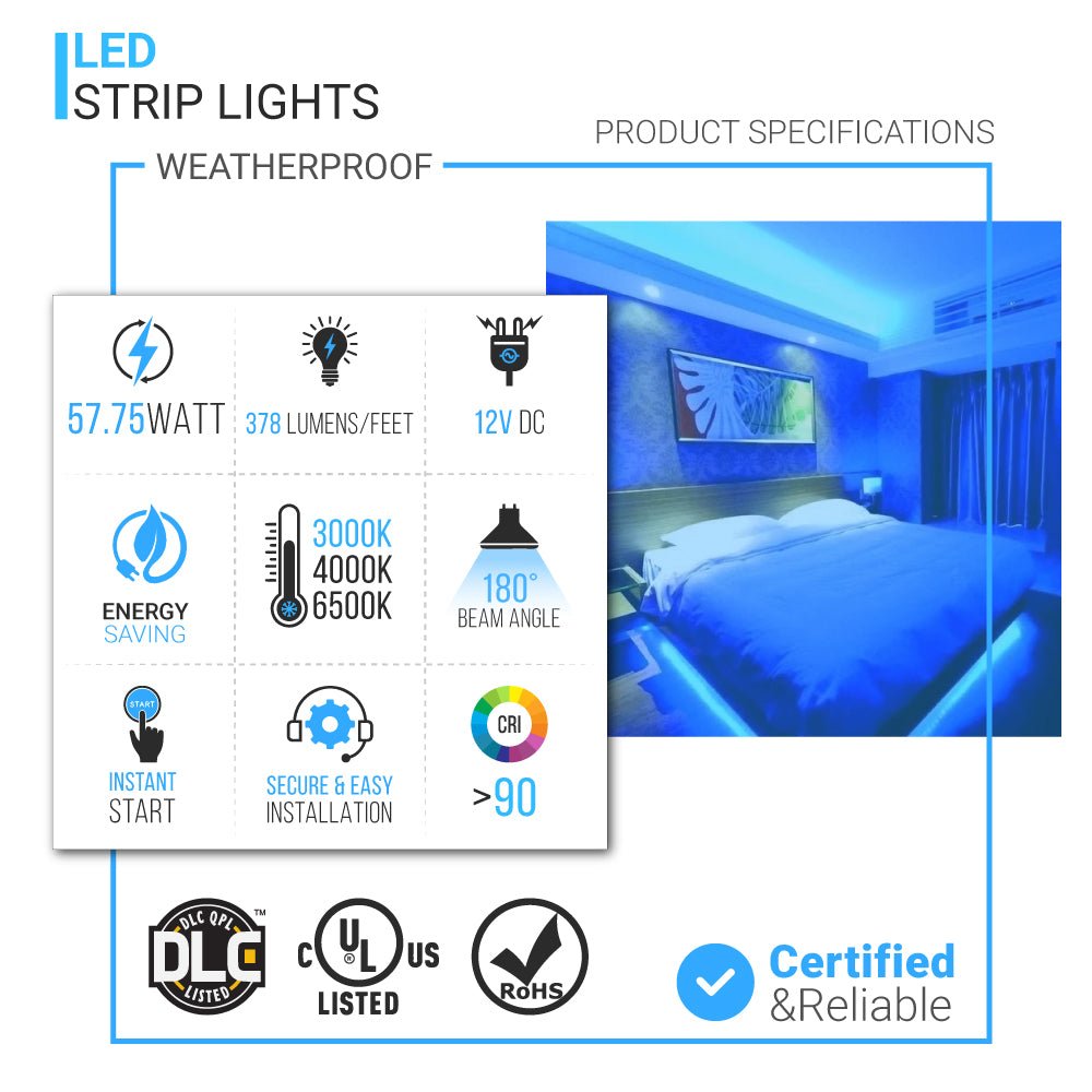 Outdoor LED Strip Lights Waterproof, IP65, 16.4ft Dimmable, 12V, SMD 5050, 378 Lumens/ft, with 72W/100 - 240V AC Power Supply - KIT - LEDMyPlace