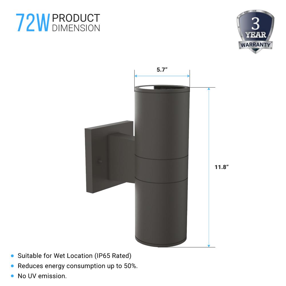 Outdoor LED Up and Down Wall Sconce, Cylinder Outside Lights, 2x36W, AC100 - 277V, Double Side (White Light), Exterior Wall Lights - LEDMyPlace