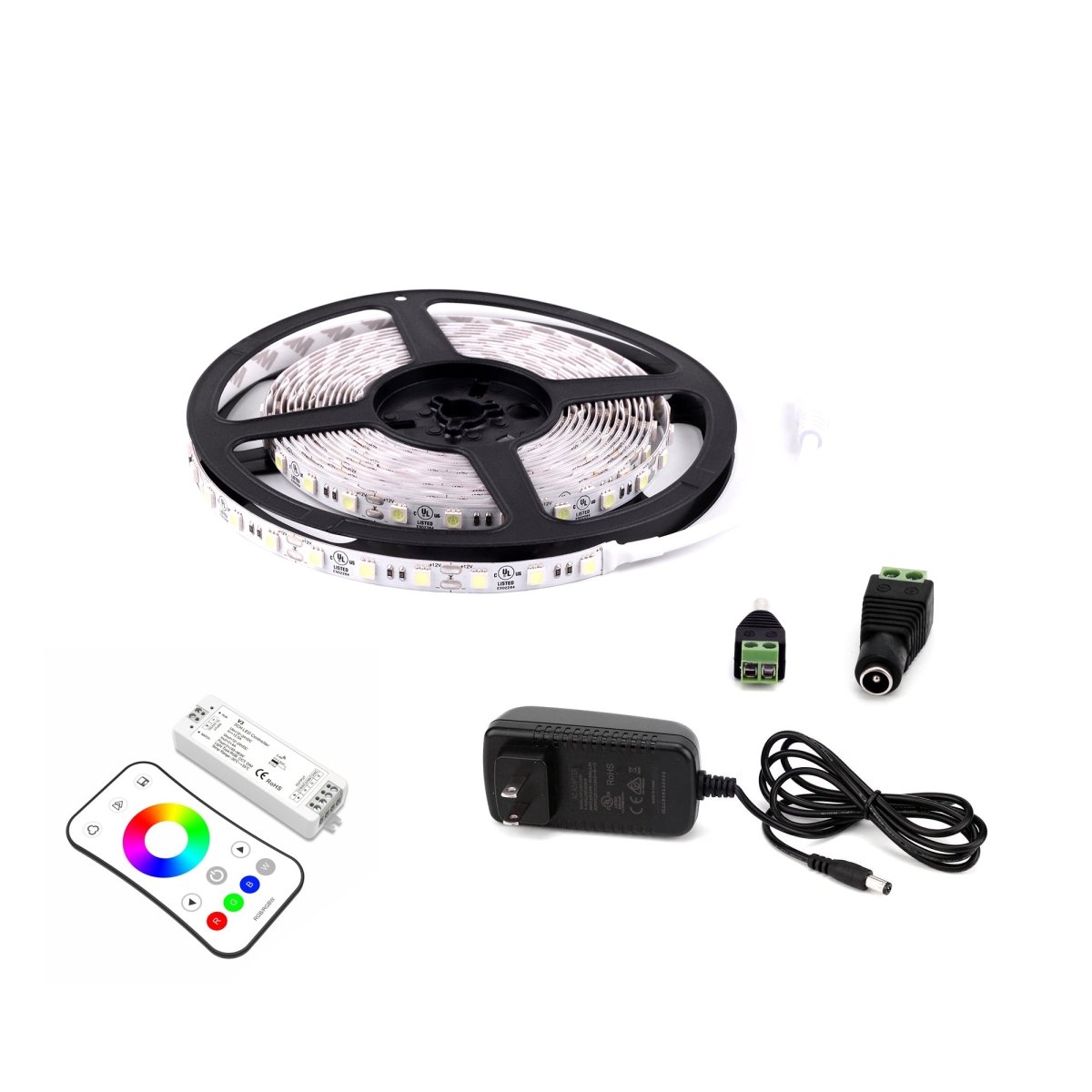 Outdoor Waterproof RGB LED Strip Lights, IP65 16.4ft Dimmable, 12V, SMD 5050 w/ DC Connector+ Direct Plug - In LED Power Supply 36W/100 - 240V AC/12V/3A + RGB Controller - LEDMyPlace