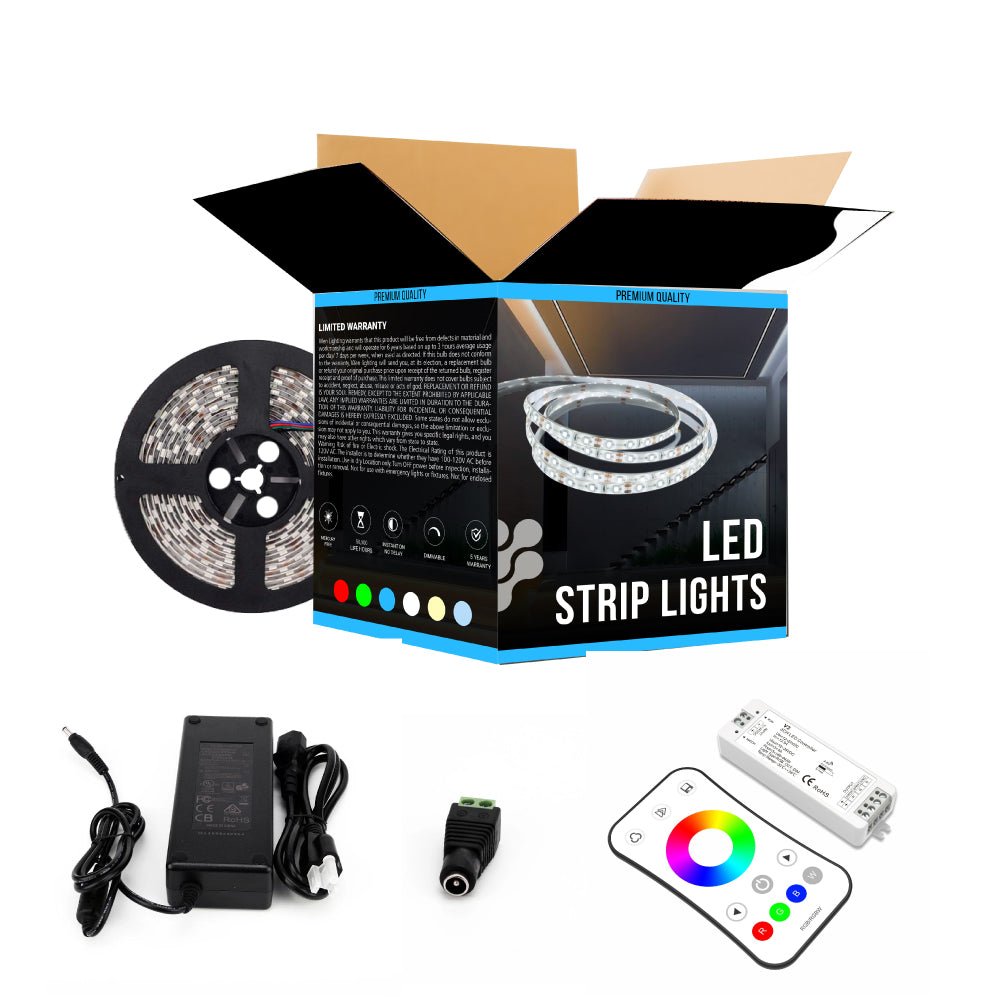 Outdoor Waterproof RGB LED Strip Lights, IP68, 16.4ft, 12V, SMD 5050, 60 leds/Meter - w/ DC Connector+ 72W/100 - 240V AC Power Supply and RGB Controller (KIT) - LEDMyPlace