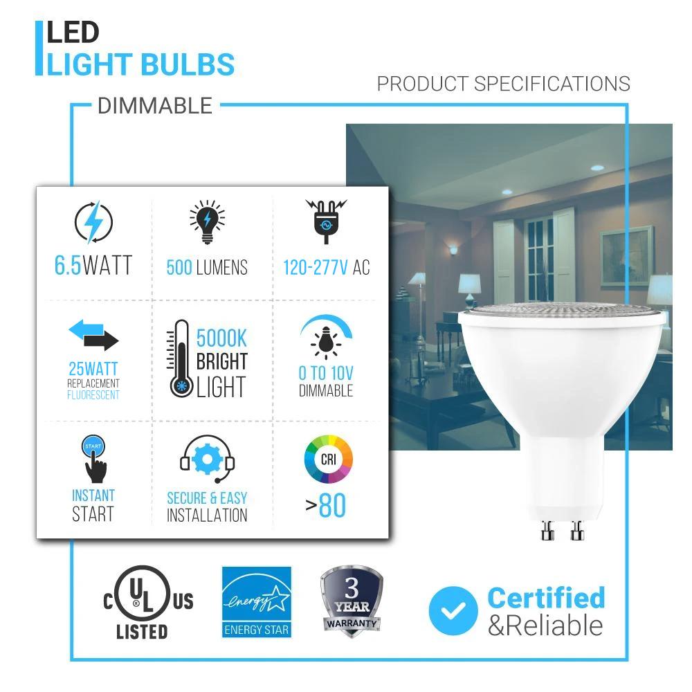 PAR16 LED Light Bulbs - 6.5 Watt GU10 base 5000K - 500Lumens, Dimmable - LEDMyPlace