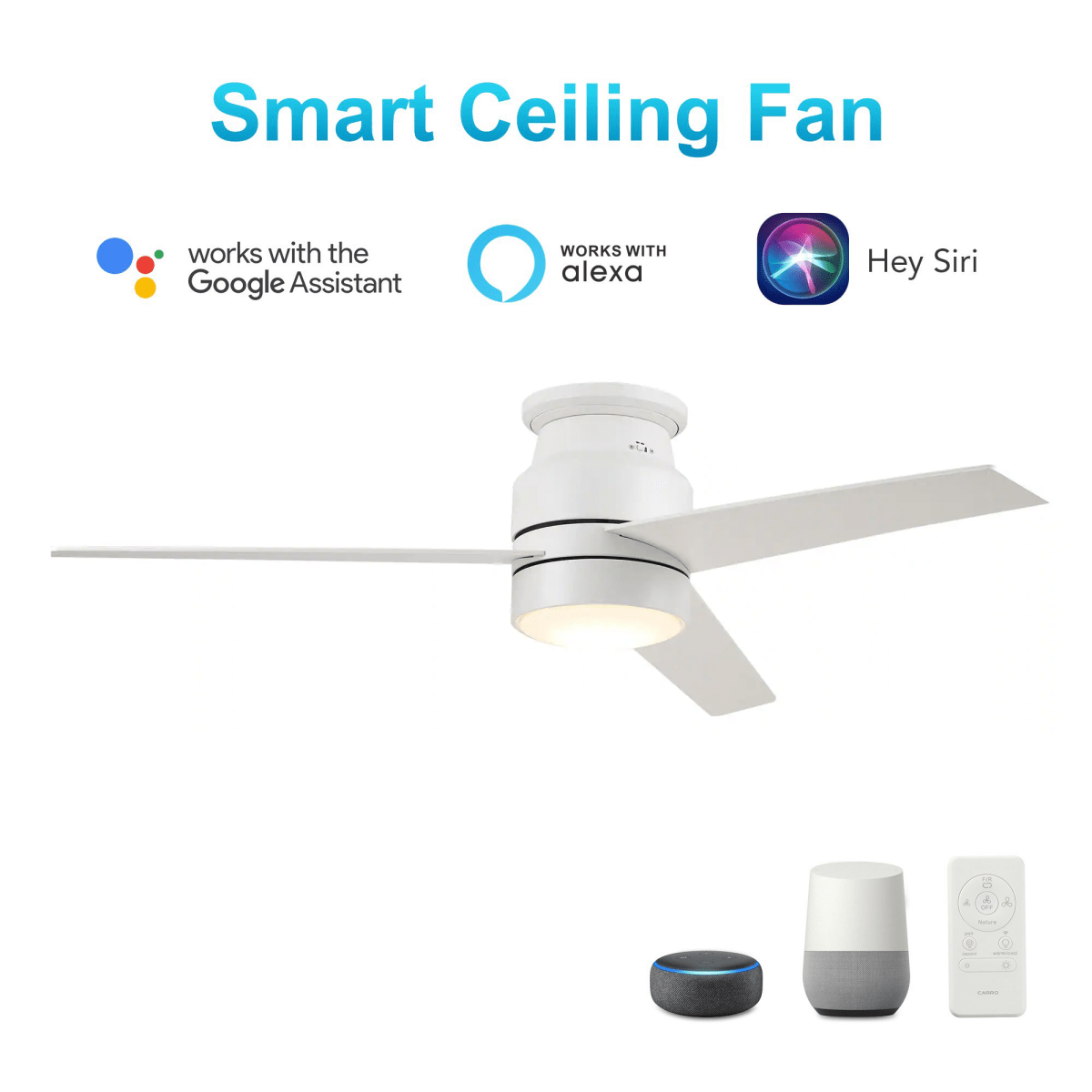 Ranger 52 In. 3 - Blade Led Indoor White Best Smart Ceiling Fan with Led Light Kit, Best Smart Wall Switch, Alexa/Google Home/Siri Compatible - LEDMyPlace