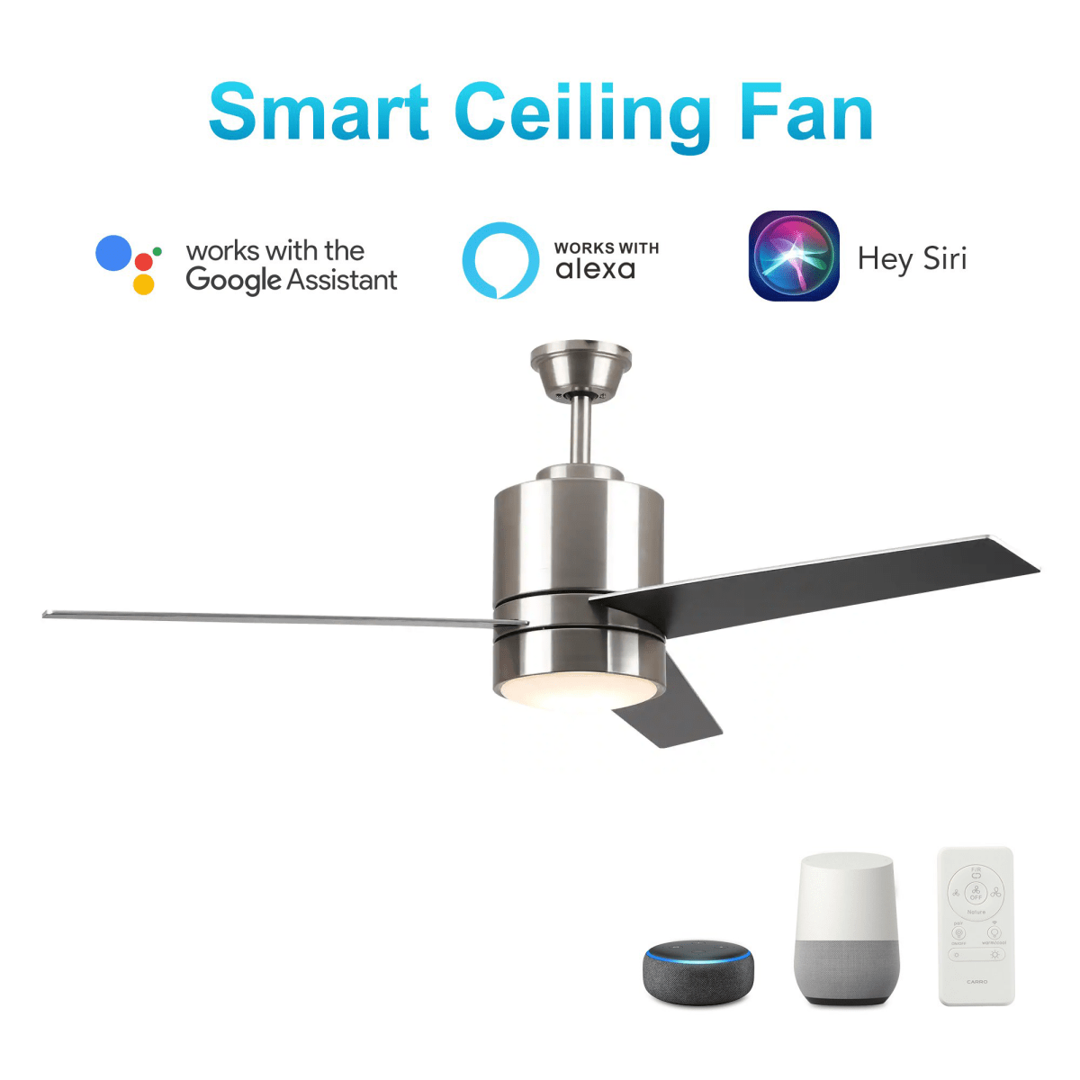 Ranger 52 In. Silver/black Led Indoor/outdoor Best Smart Ceiling Fan with Light Kit, Works w/ Alexa/Google Home/Siri, Wifi Ceiling Fan W/ Best Smart Wall Switch (3 - Blade) - LEDMyPlace