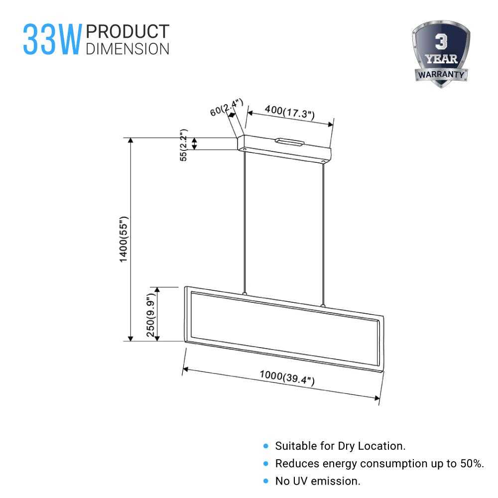 Rectangular Chandelier LED For Office Kitchen Dining Room, 33W, 3000K, 1650LM, LED Pendant Lighting with Matte Black Body Finish, Dimmable, 1 - Light - LEDMyPlace