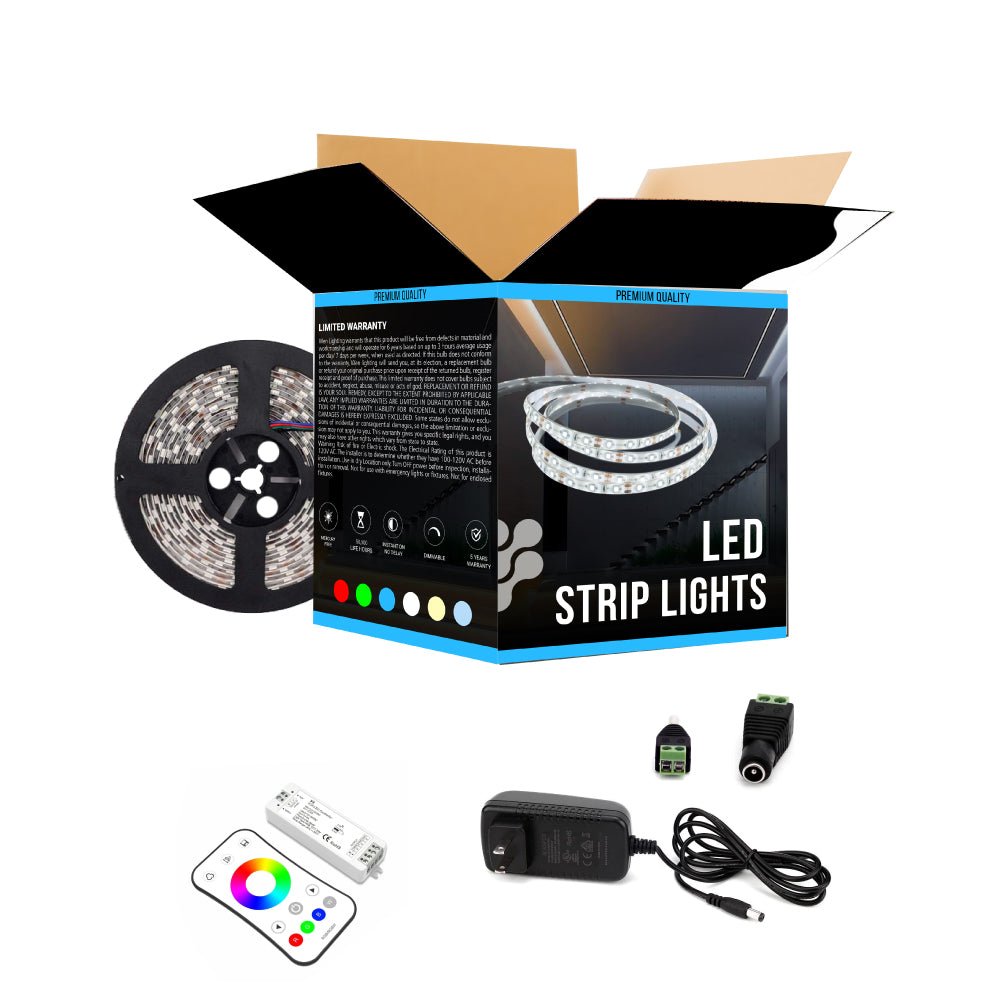 RGB LED Light Strips with Remote - 12V w/ DC Connector - 63 Lumens/ft. with Power Supply and Controller (KIT), 16.4 ft Color Changing Light Strip - LEDMyPlace