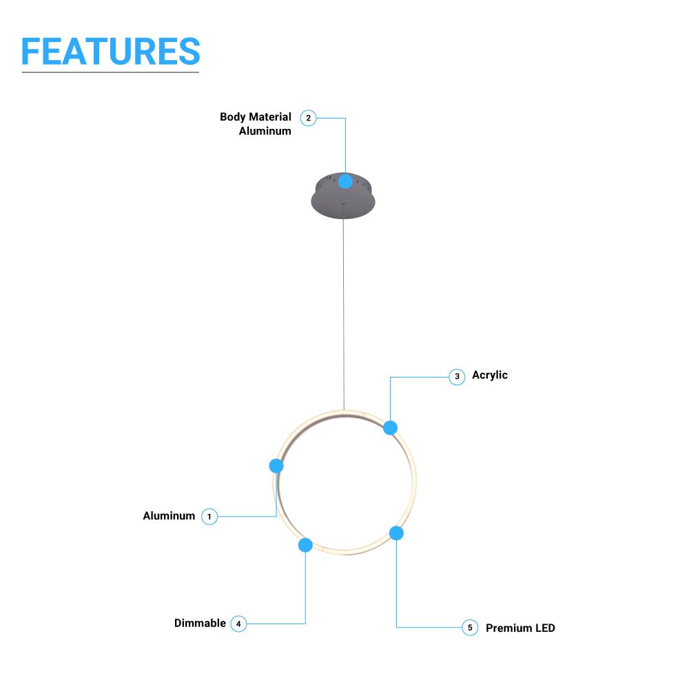 Ring 1 - Light LED Unique Design Pendant, 34W, 3000K (Warm White), 1028LM, Dimmable, Aluminum Body Finish, Pendant Mounting - LEDMyPlace