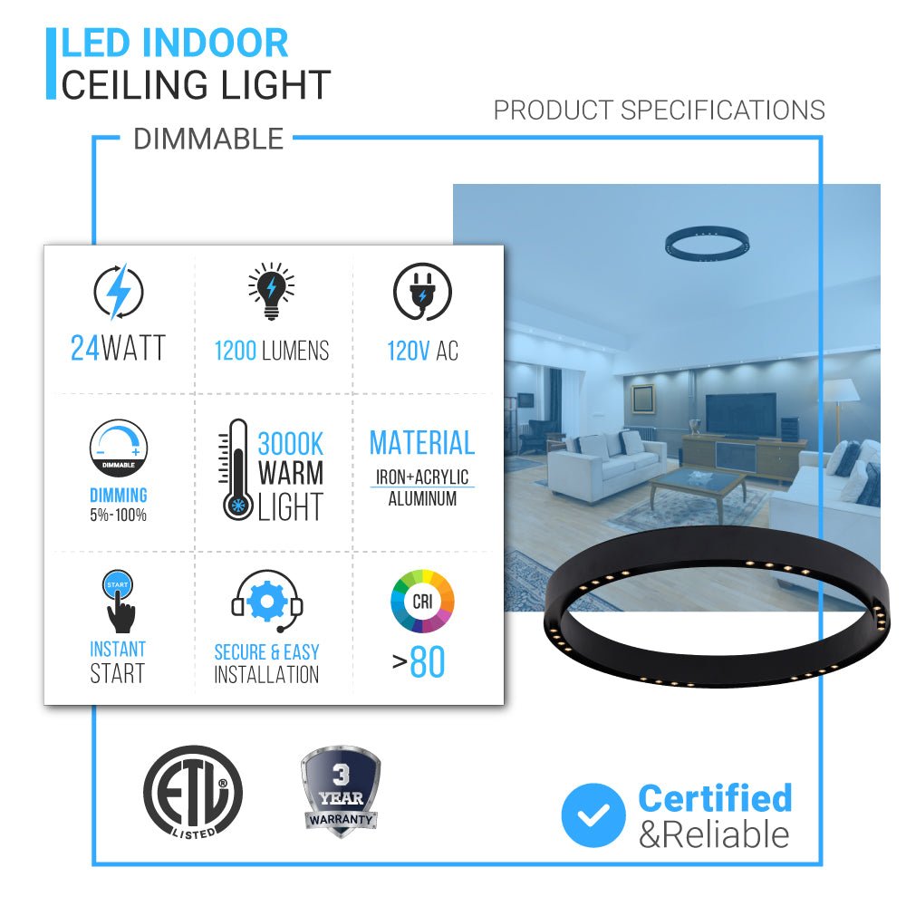 Ring Flush Mount LED Lighting Fixture, 16W/24W, 3000K, 800LM/1200LM, Close to Ceiling lights, Dimmable - LEDMyPlace