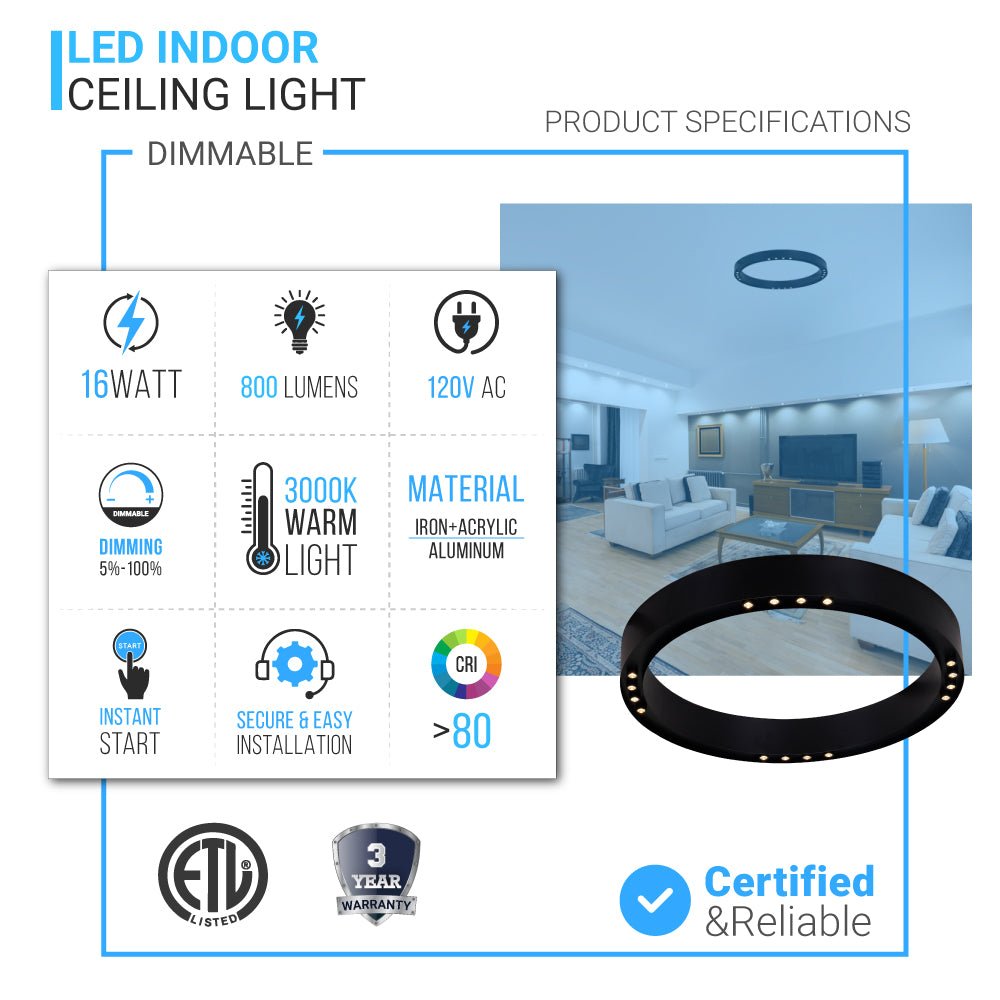 Ring Flush Mount LED Lighting Fixture, 16W/24W, 3000K, 800LM/1200LM, Close to Ceiling lights, Dimmable - LEDMyPlace