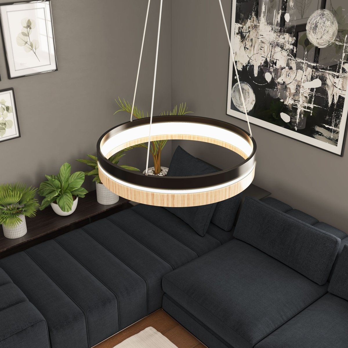 Round Chandelier, Matte Black + Wood Finish, 33W, 3000K (Warm White), 961 Lumens, Dimmable Pendant - LEDMyPlace