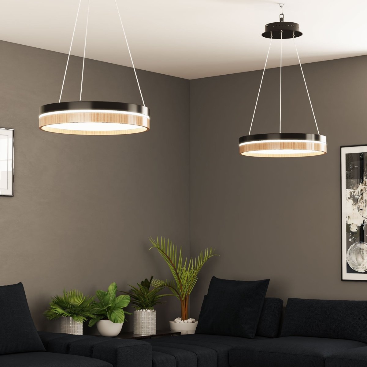 Round Chandelier, Matte Black + Wood Finish, 33W, 3000K (Warm White), 961 Lumens, Dimmable Pendant - LEDMyPlace