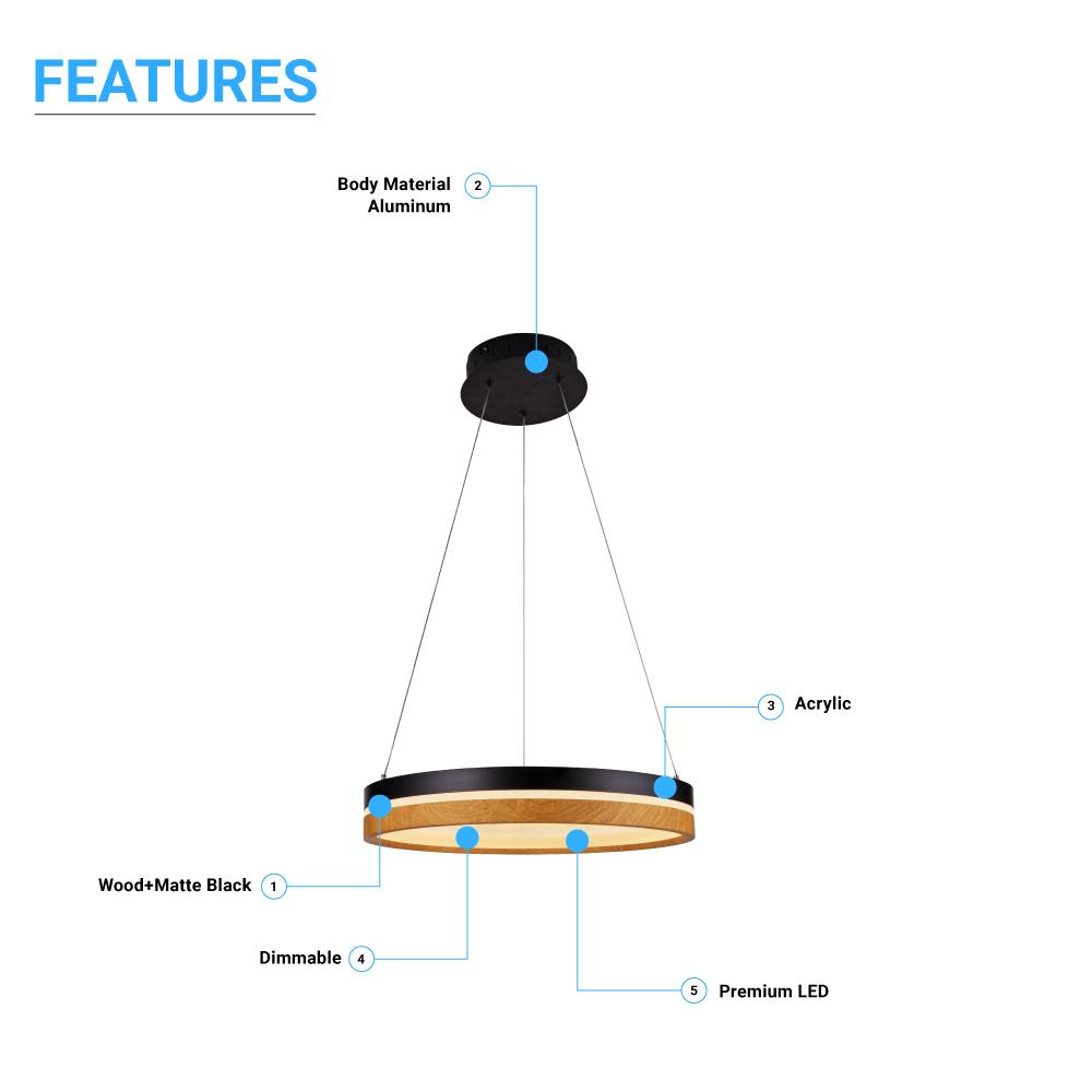 Round Chandelier, Matte Black + Wood Finish, 33W, 3000K (Warm White), 961 Lumens, Dimmable Pendant - LEDMyPlace