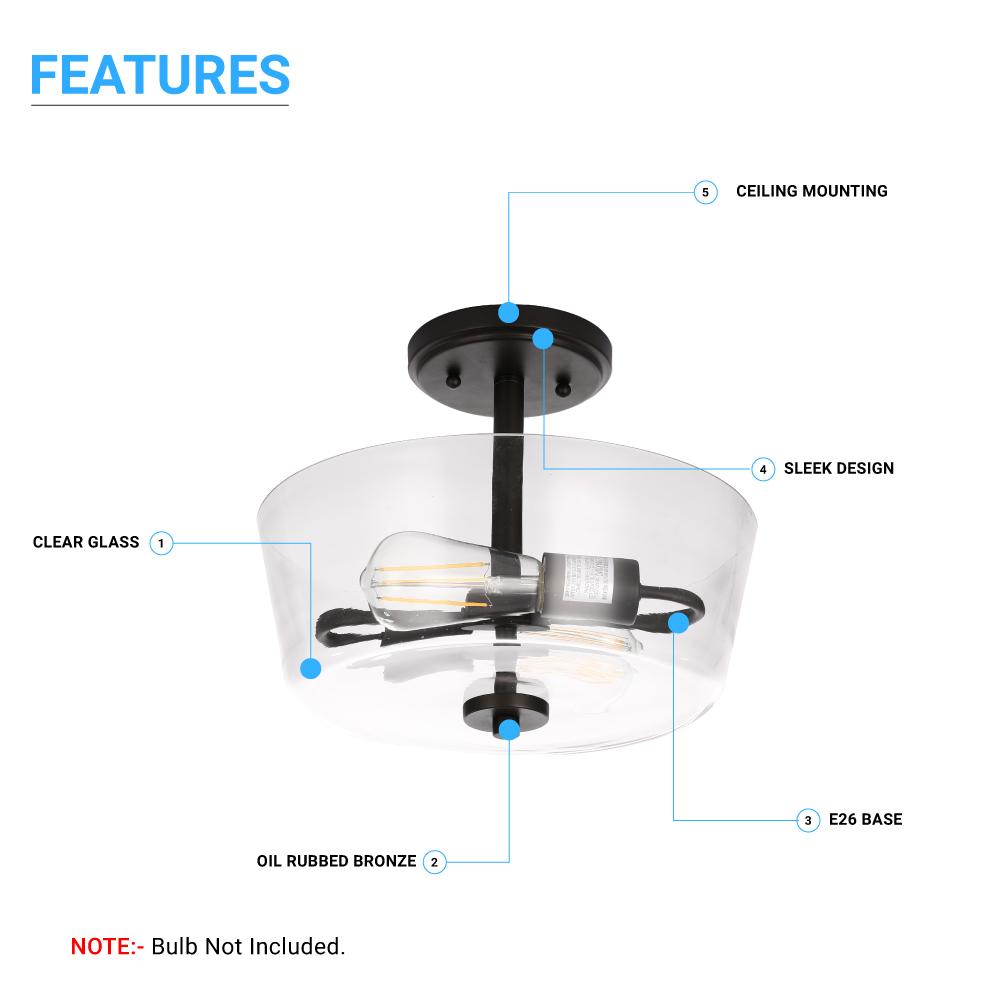 Semi Flush Mount Ceiling Lights, 2 - Lights E26 Base, Round, UL Listed for Damp Location, 3 Years Warranty - LEDMyPlace