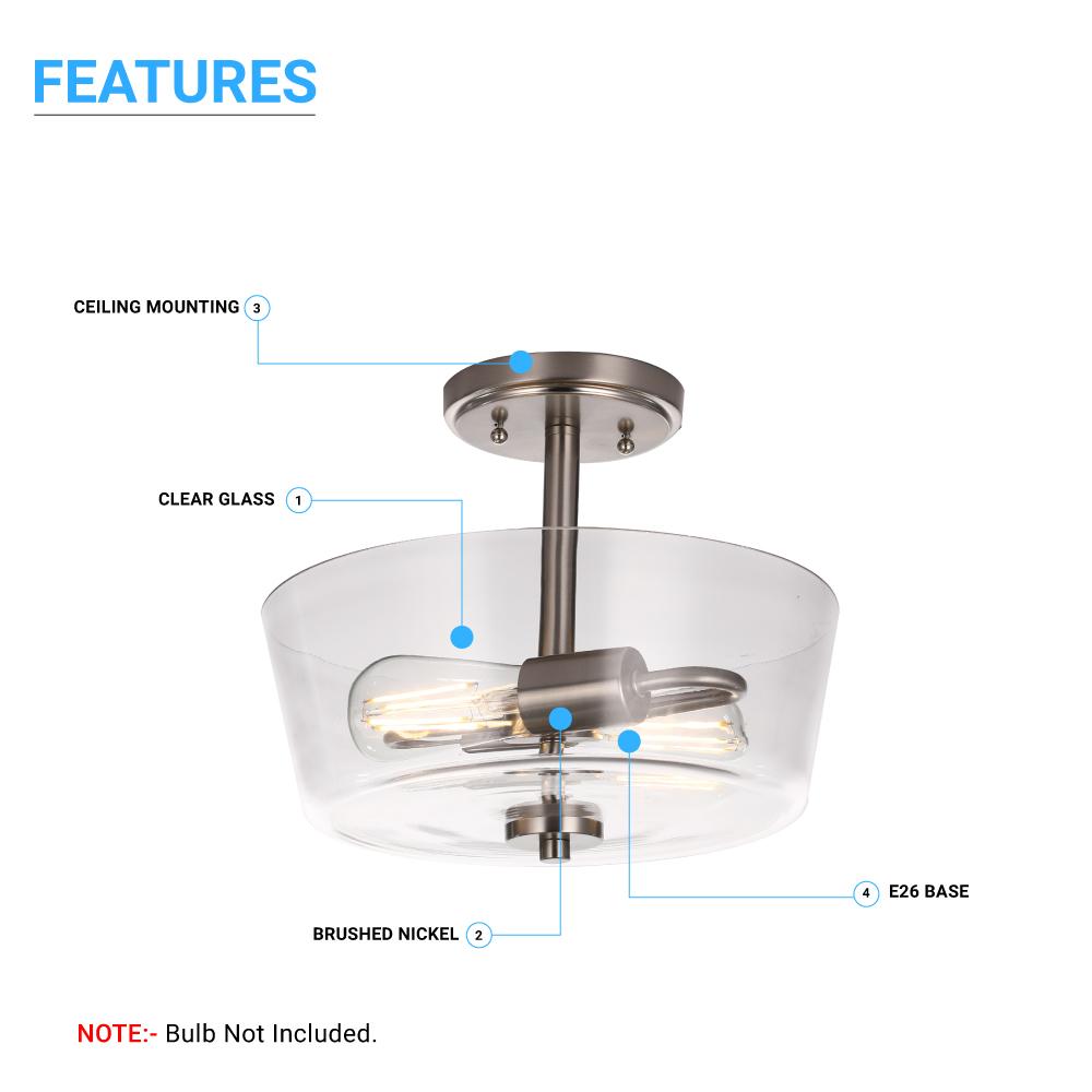 Semi Flush Mount Ceiling Lights, 2 - Lights E26 Base, Round, UL Listed for Damp Location, 3 Years Warranty - LEDMyPlace