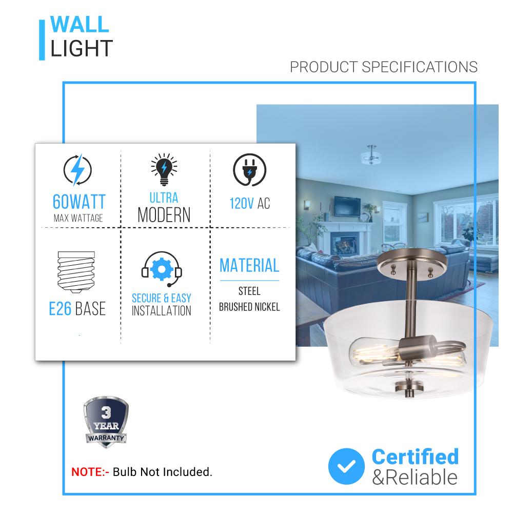 Semi Flush Mount Ceiling Lights, 2 - Lights E26 Base, Round, UL Listed for Damp Location, 3 Years Warranty - LEDMyPlace