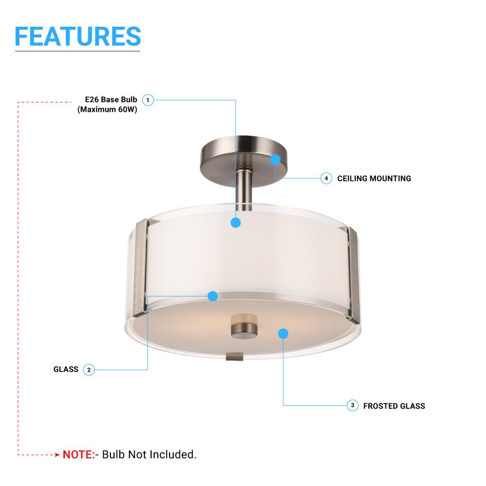 Semi Flush Mount Ceiling Lights, Drum Shape, Brushed Nickel Finish and Frosted Glass Shade, E26 Base, UL Listed - Damp Location - LEDMyPlace