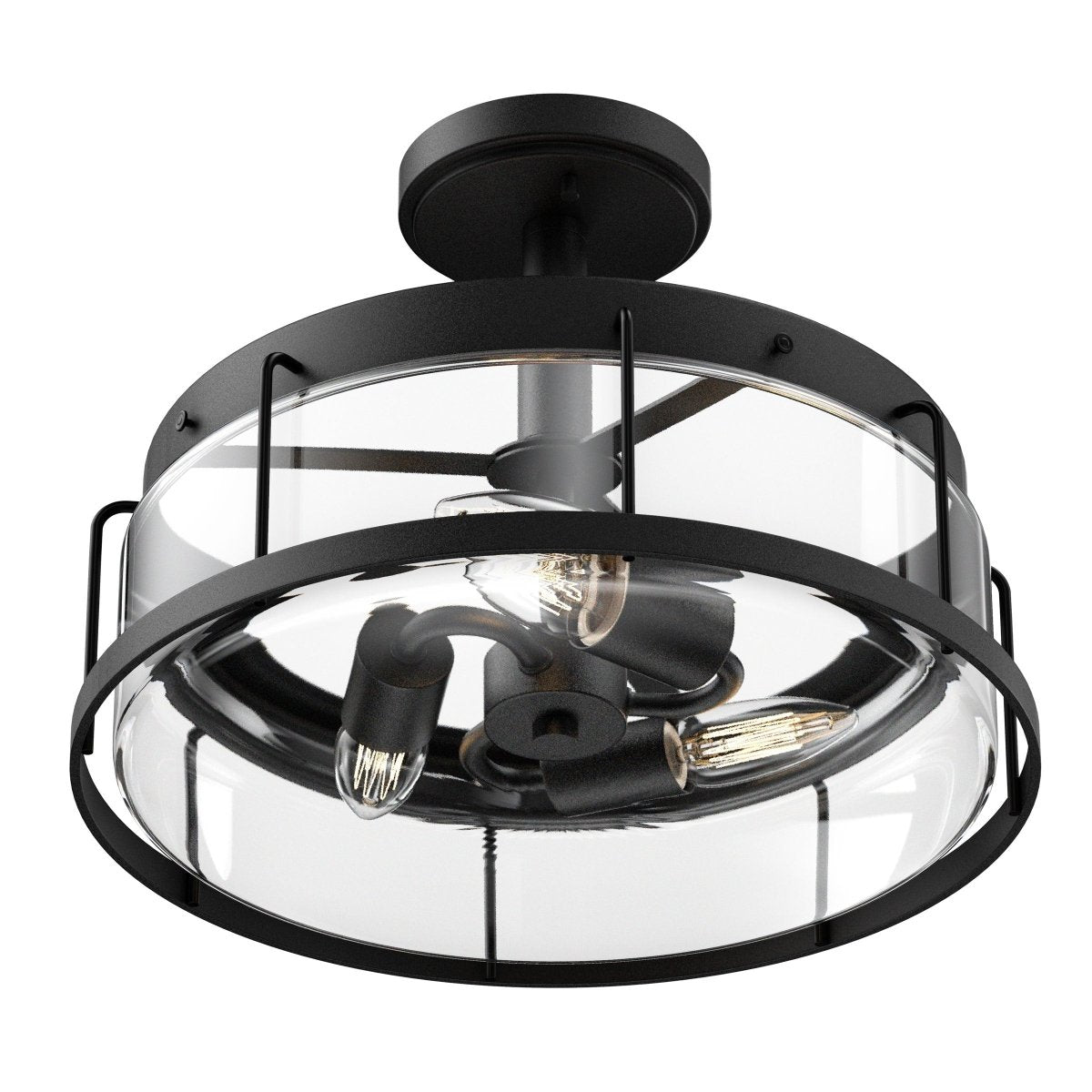 Semi Flush Mount Ceiling Lights, Drum Shape, Matte Black Finish with Clear Glass Shade, E26 Base, UL Listed, Hallway Light Fixtures - LEDMyPlace