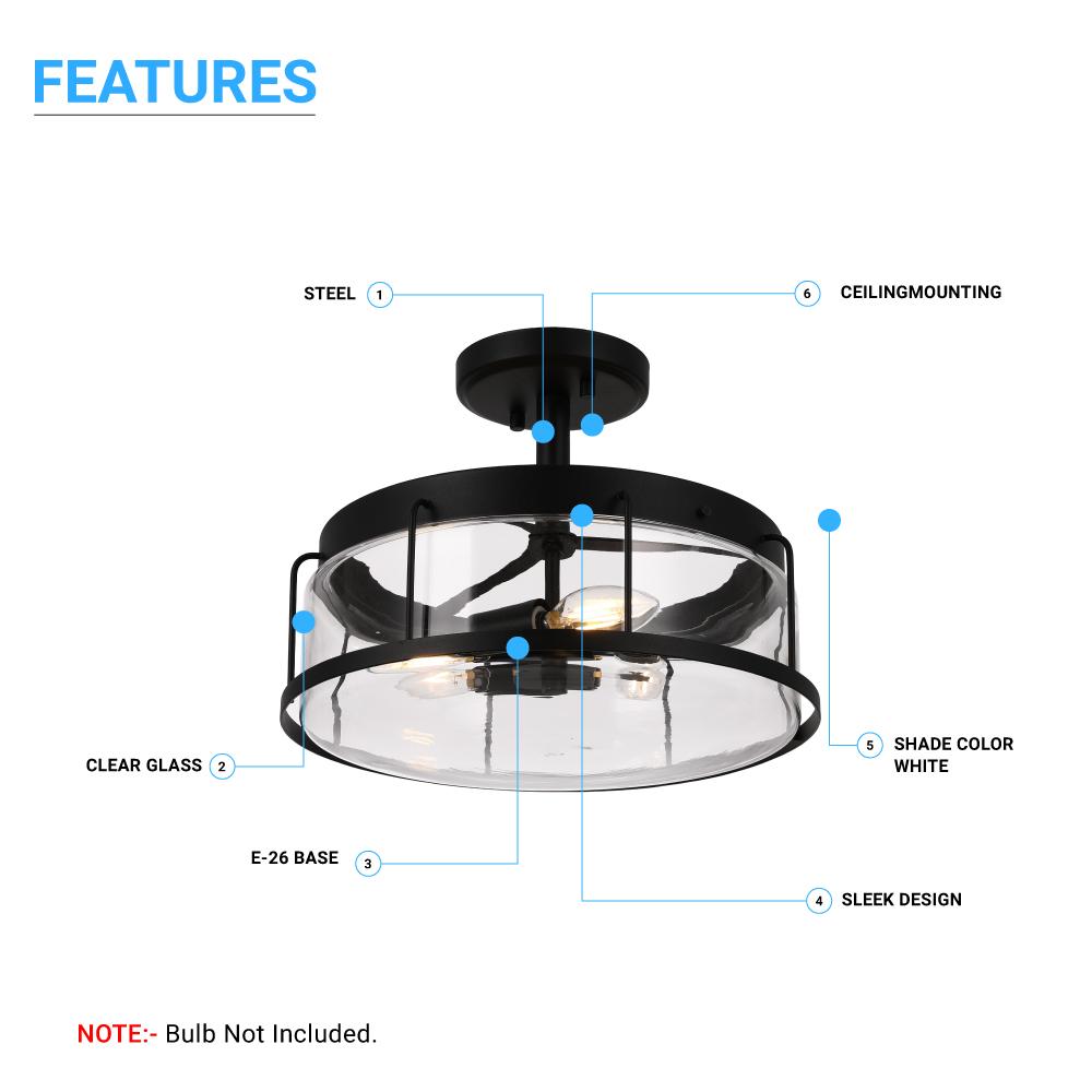 Semi Flush Mount Ceiling Lights, Drum Shape, Matte Black Finish with Clear Glass Shade, E26 Base, UL Listed, Hallway Light Fixtures - LEDMyPlace