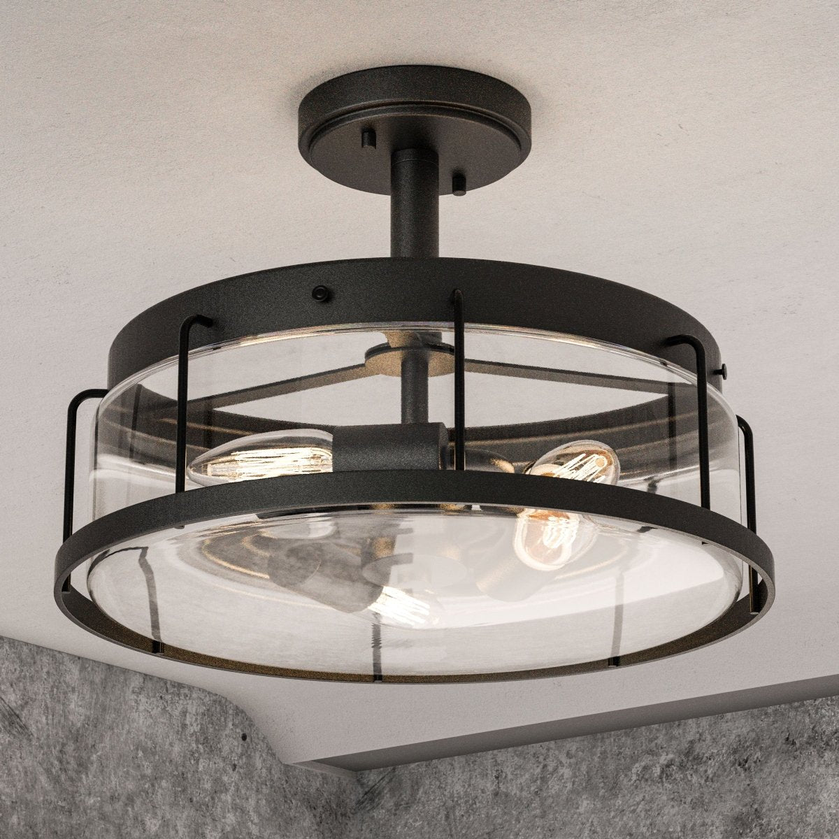 Semi Flush Mount Ceiling Lights, Drum Shape, Matte Black Finish with Clear Glass Shade, E26 Base, UL Listed, Hallway Light Fixtures