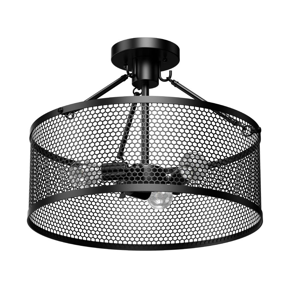 Semi Flush Mount Ceiling Lights, Drum Shape, Steel Cage Matte Black Finish, E26 Base, UL Listed, 3 Years Warranty - LEDMyPlace