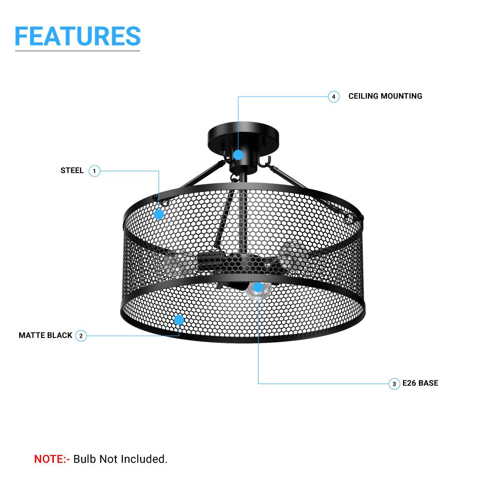 Semi Flush Mount Ceiling Lights, Drum Shape, Steel Cage Matte Black Finish, E26 Base, UL Listed, 3 Years Warranty - LEDMyPlace