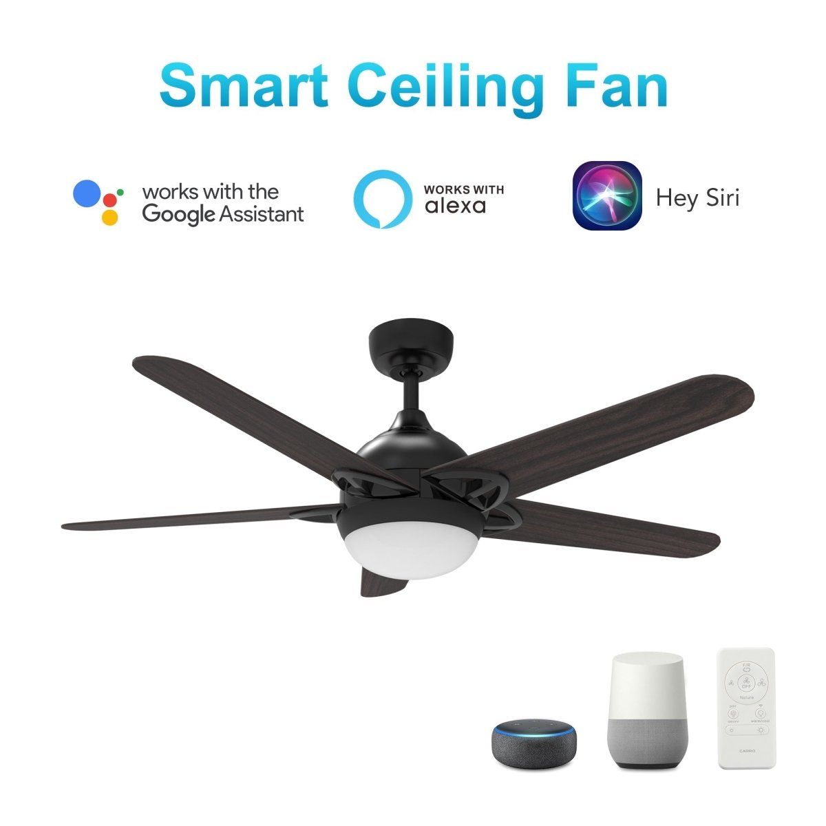 Solasta 52 Inch 5 - Blade Best Smart Ceiling Fan With Led Light Kit & Remote - Black/Dark Wood - LEDMyPlace