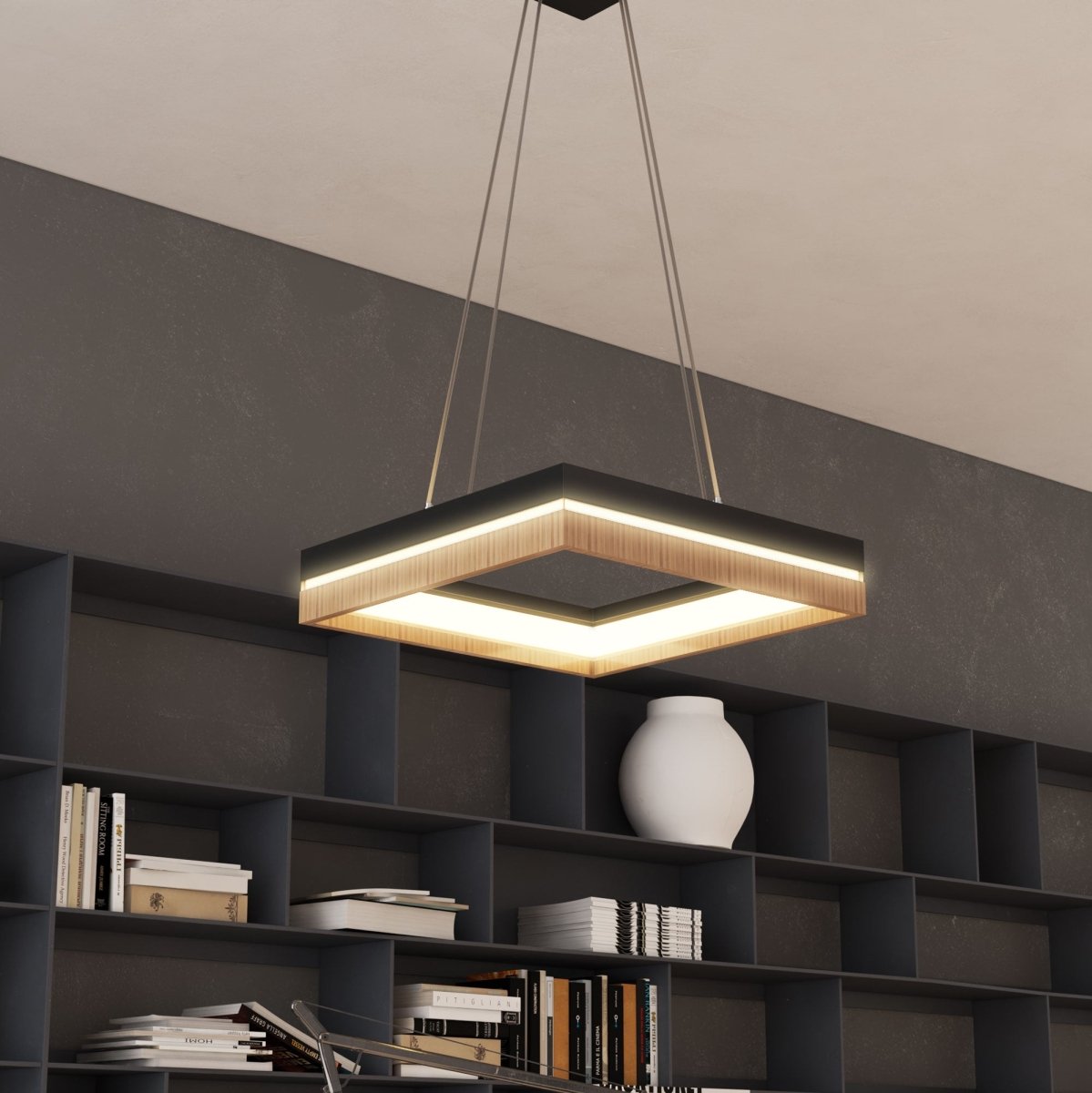 Square Metal and Wood Chandelier Light, 35W, 3000K (Warm White), 836 Lumens, Dimmable, Matte Black + Wood Body Finish - LEDMyPlace