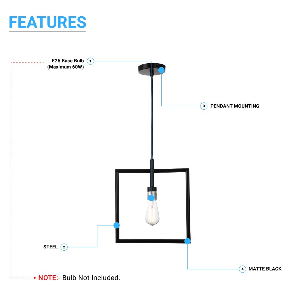 Square Shape Matte Black Pendant Light Fixture, E26 Base, UL Listed for Dry Location - LEDMyPlace