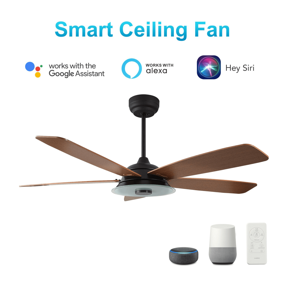 Striker 52 in. 5 - Blade Best Smart Ceiling Fan with Dimmable LED Light, Black/Fine Wood Grain Finish, Works w/ Remote Control/Alexa/Google Home/Siri - LEDMyPlace