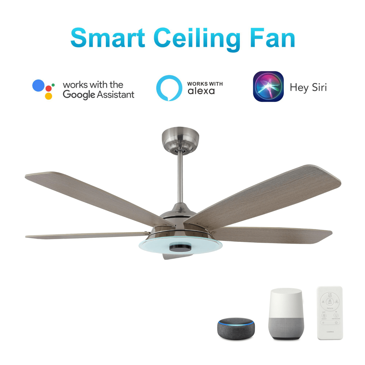 Striker 52 in. 5 - Blade Best Smart Ceiling Fan with Dimmable LED Light, Silver/Light Wood Finish, Works w/ Remote Control/Alexa/Google Home/Siri - LEDMyPlace