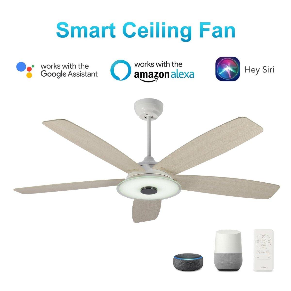 Striker 52 in. 5 - Blade Best Smart Ceiling Fan with Dimmable LED Light, White/Light Wood Finish, Works w/ Remote Control/Alexa/Google Home/Siri - LEDMyPlace