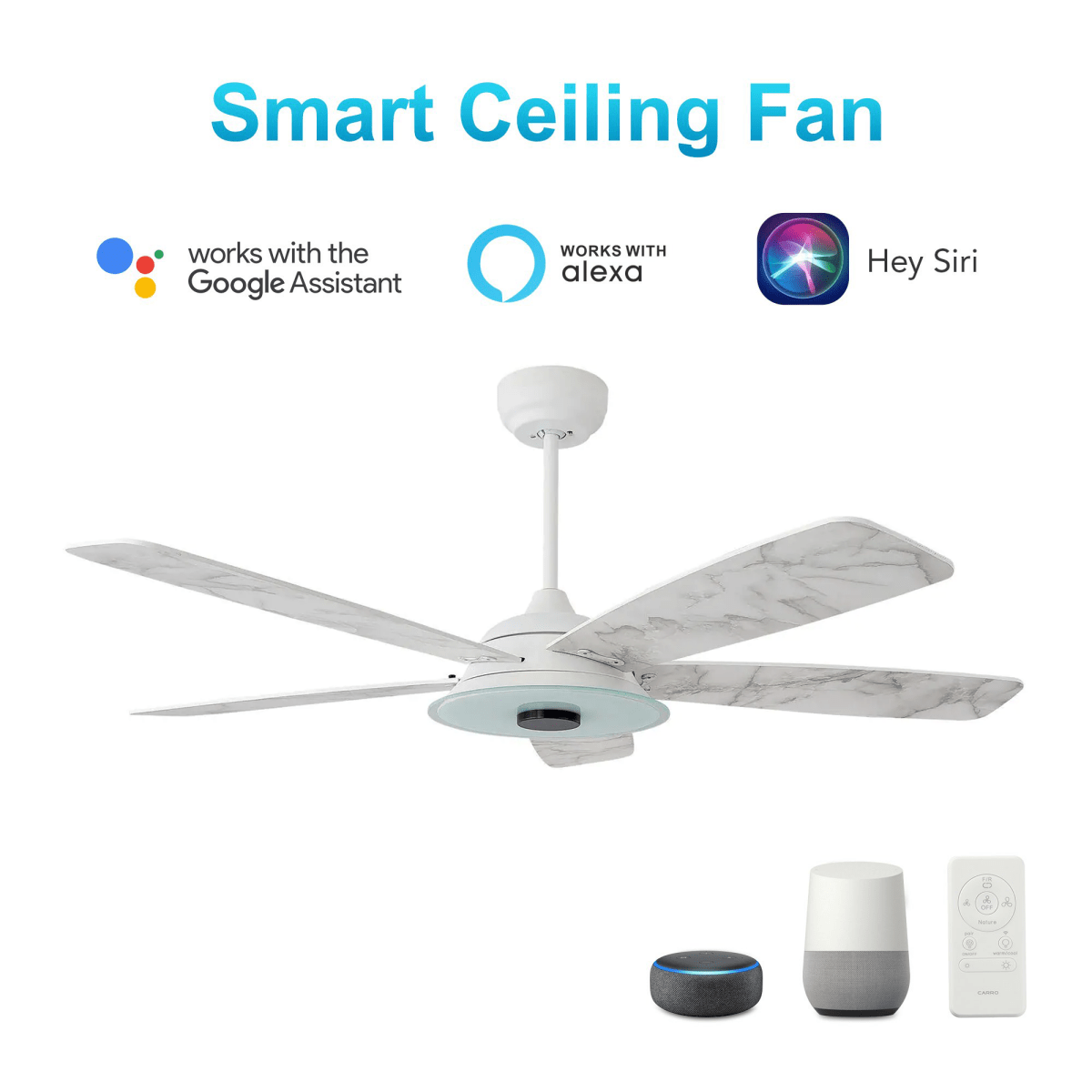 Striker 52 in. 5 - Blade Best Smart Ceiling Fan with Dimmable LED Light, White/Marble Pattern, Works w/ Remote Control/Alexa/Google Home/Siri - LEDMyPlace