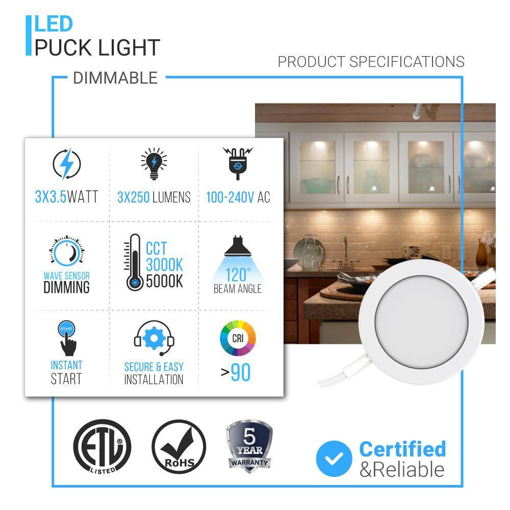 Swivel LED Puck Lights Kit with ETL List, Recessed or Surface Mount Design, CRI90, 3 - Piece Kit With 12V Adaptor & Touch Dimmer, Linkable, 3x3.5 Watts, 750 Lumens, White - LEDMyPlace