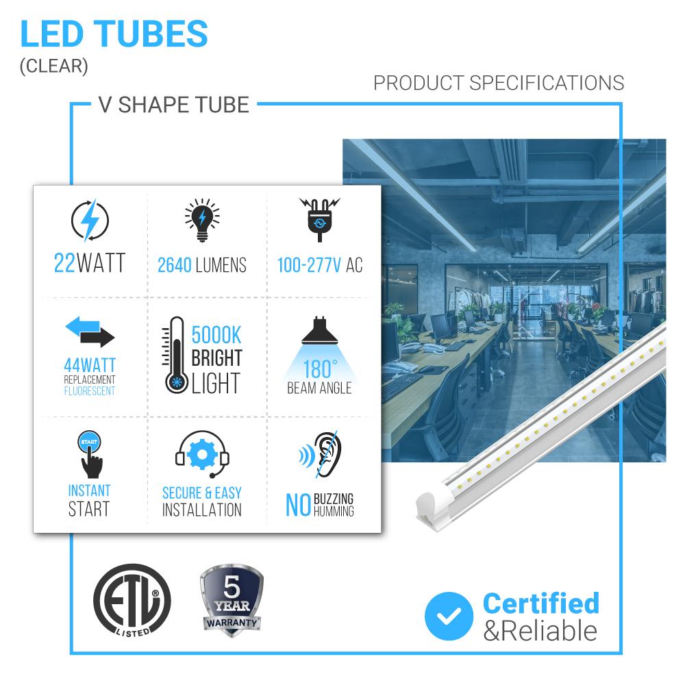 T8 4ft Integrated LED Tube Light 22W V Shape 2 Row 5000K Clear, Plug and Play, Linkable 4ft LED Shop Light - LEDMyPlace